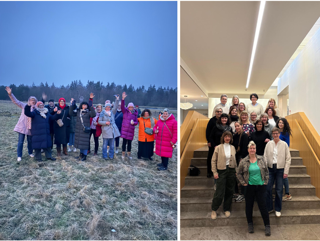 Bildcollage Frauen in Landschaft, Frauen auf einer Treppe