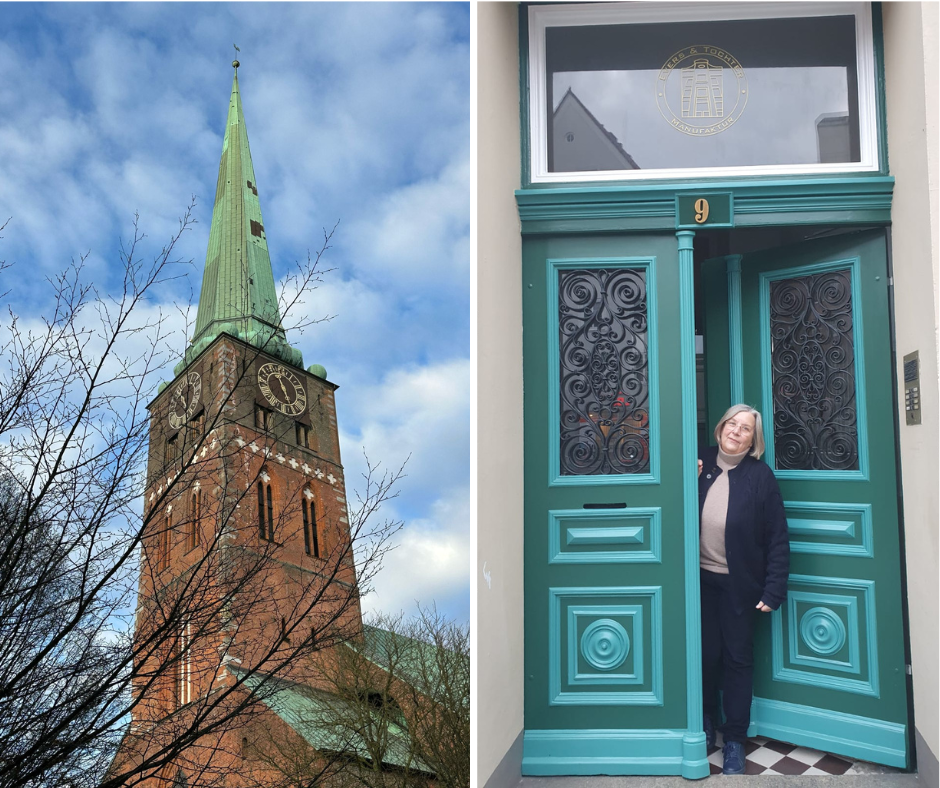 Bildcollage Kirchturm in Lübeck und Frau schaut aus einer Haüstür Evers & Tochter Manufaktur in Lübeck 