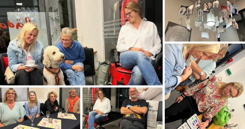 Bildcollage mit mehreren Frauen, einem Hund und einem Mann bei einer Betriebsbesichtigung in einem Unternehmen für Hörgeräte-Akustik UFH SH AK Lübeck