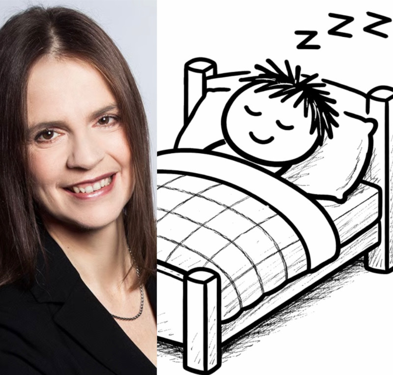 Bildcollage: Petra Schooff links, schwarz-weiß Skizze Figur im Bett